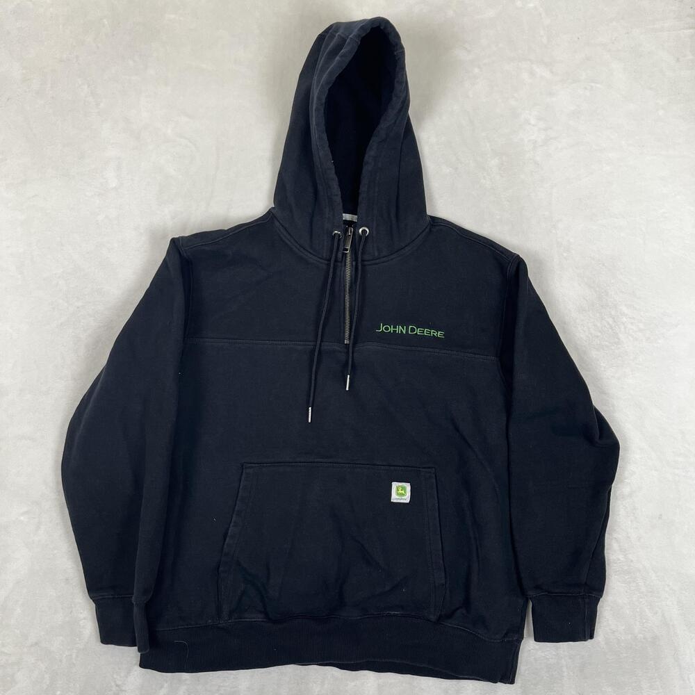 John Deere Hoodie Mens Large Black 1/4 Zip Fleece Sweatshirt Workwear Logo